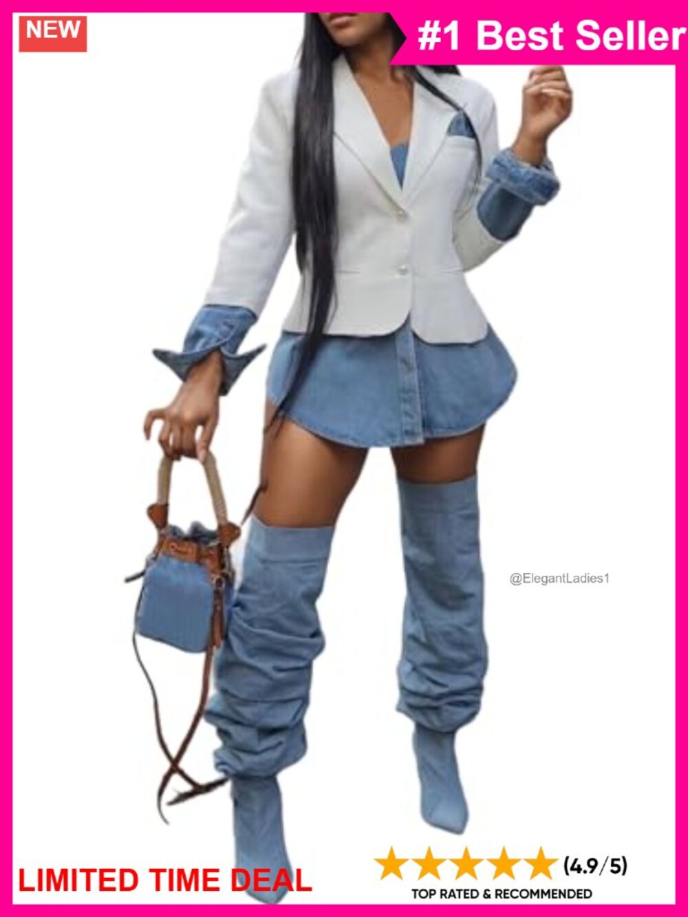 Women's Denim Patchwork Long Sleeve Open Front Slim Fit Blazer